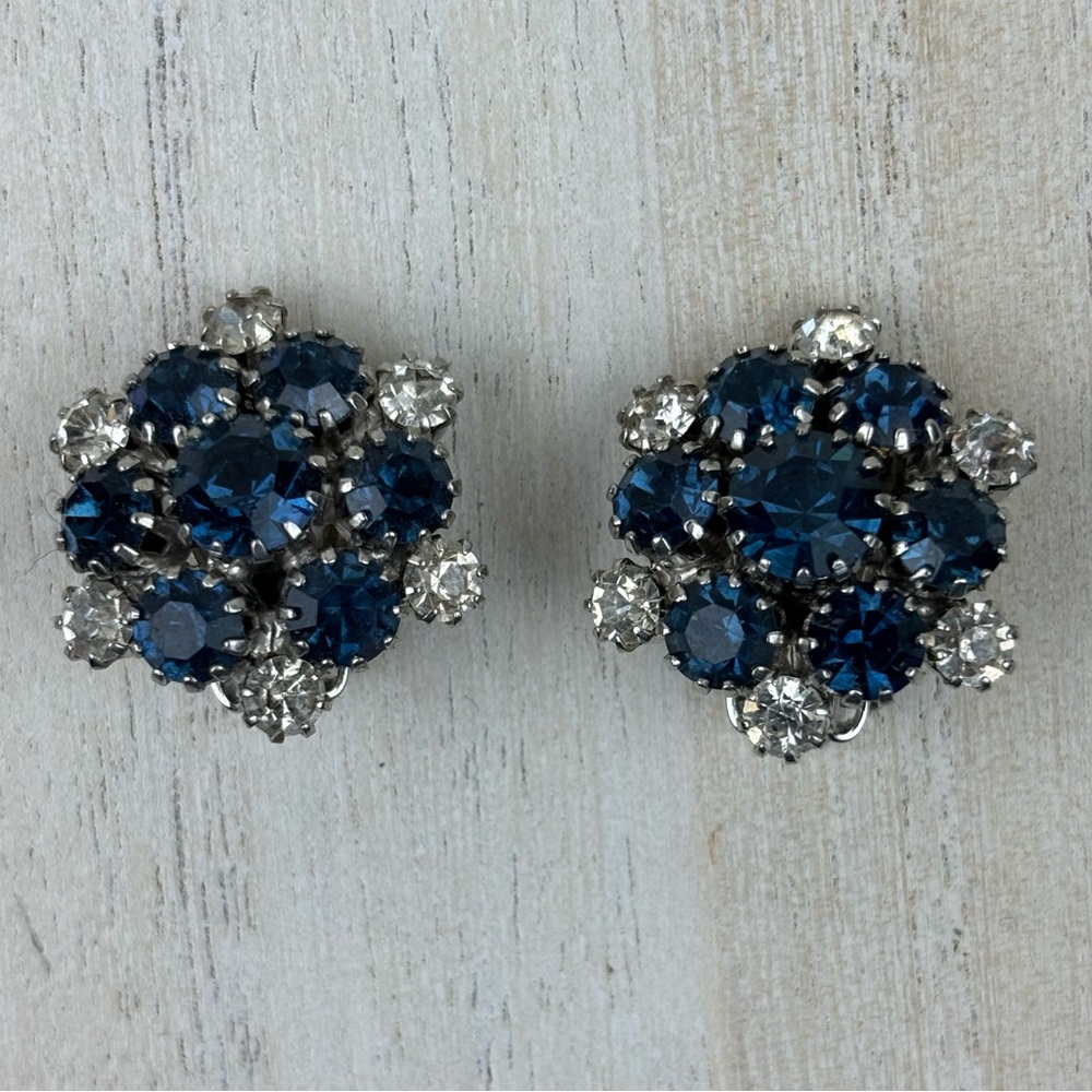 Elegant Blue and Silver Cluster rhinestone earrings clip on silver tone metal